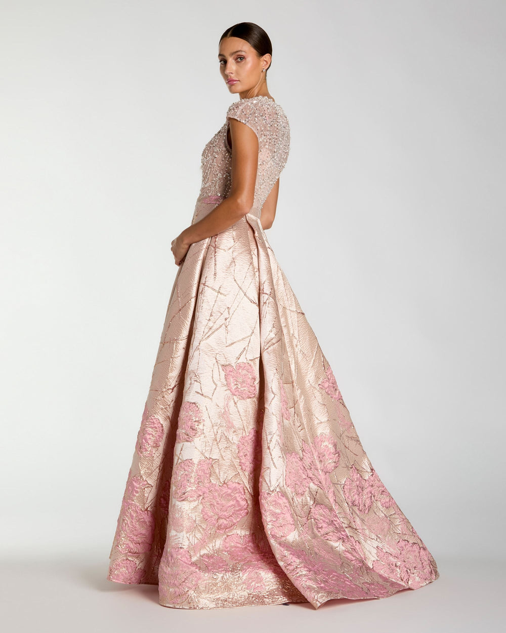 Mac Duggal 21219 Pink Cap Sleeve Embellished Floral Brocade Ball Gown - FOSTANI.com