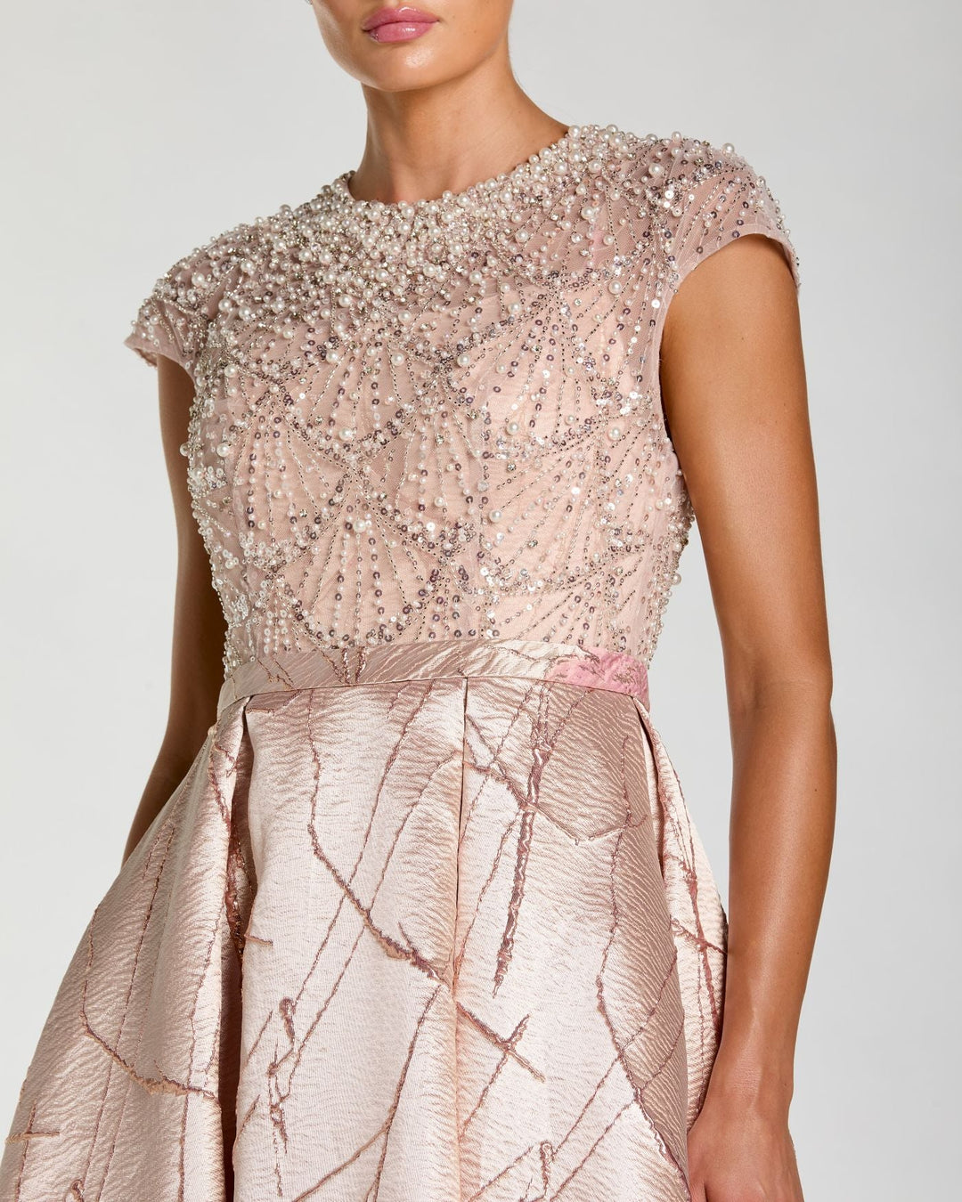 Mac Duggal 21219 Pink Cap Sleeve Embellished Floral Brocade Ball Gown - FOSTANI.com