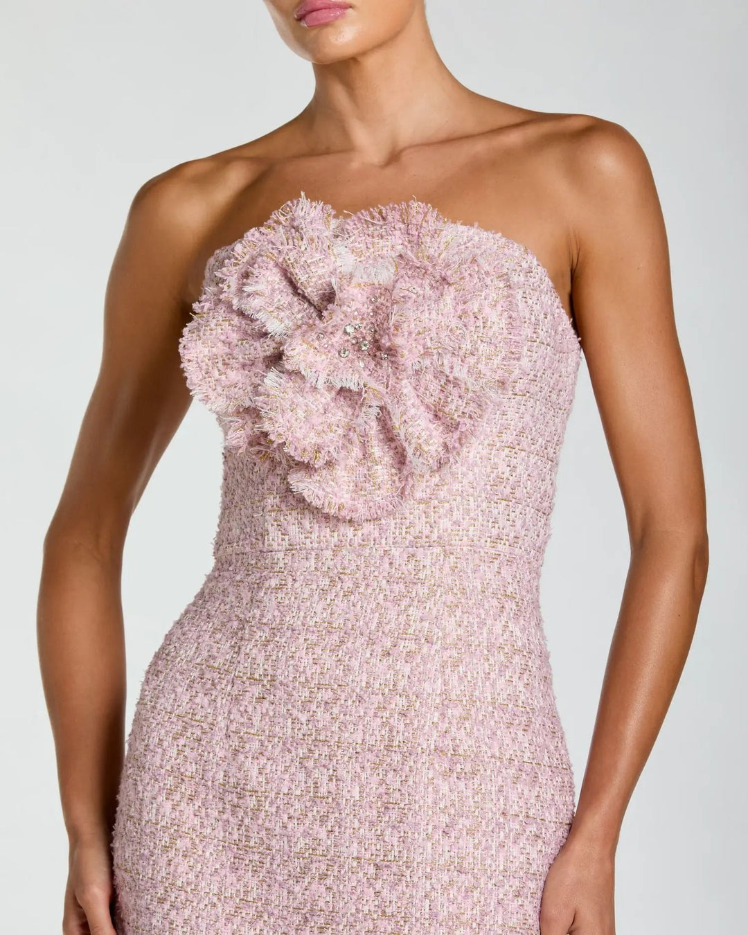 Pink Strapless Boucle Midi Dress With 3D Flower - FOSTANI.com
