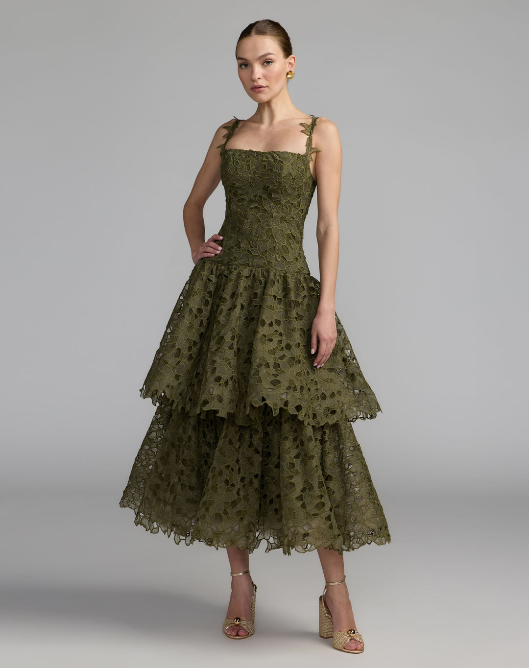 Mac Duggal 21223 Sleeveless Embroidered Lace Tiered Midi Dress