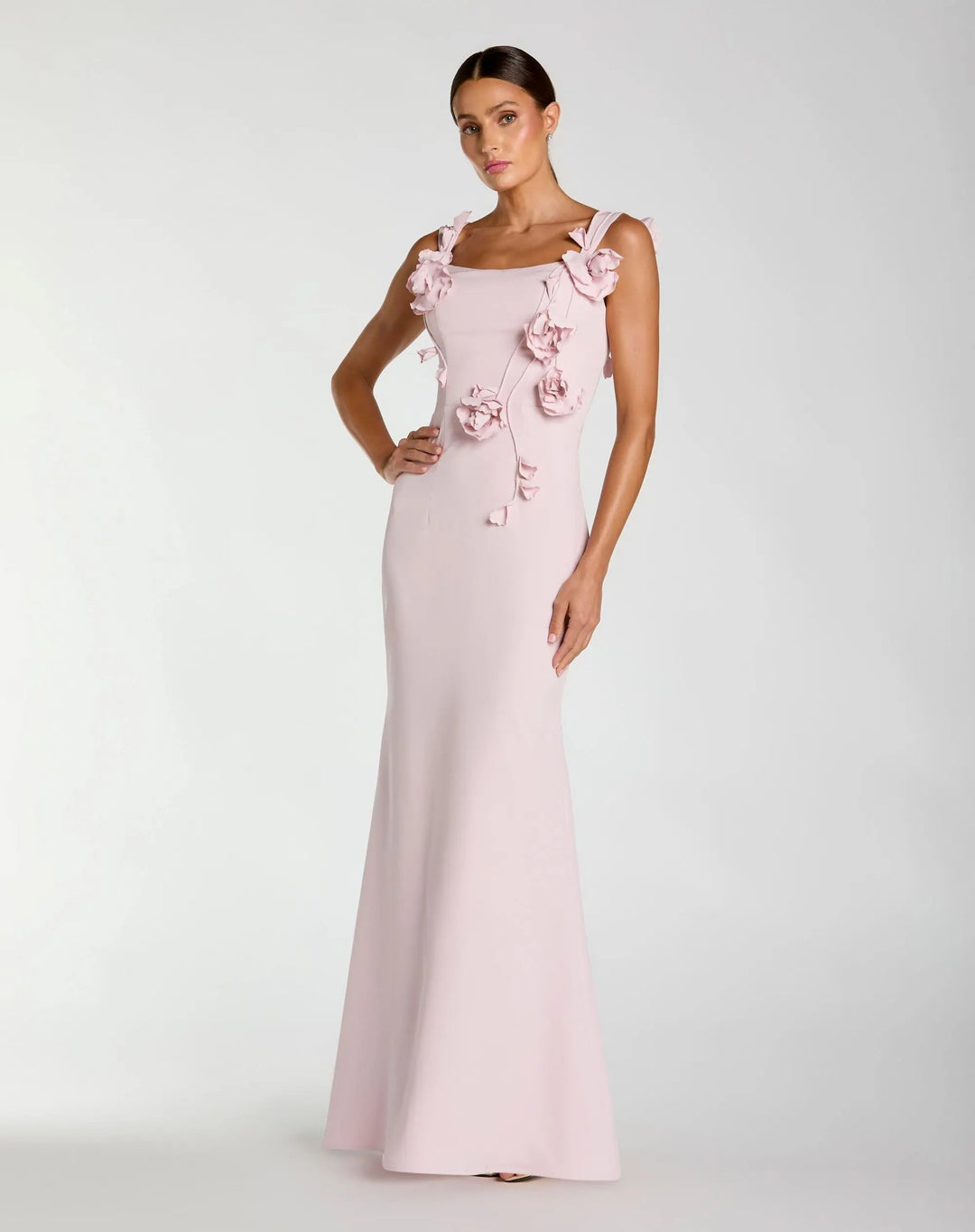 Pink Sleeveless Crepe Column Gown With Floral Detail - FOSTANI.com
