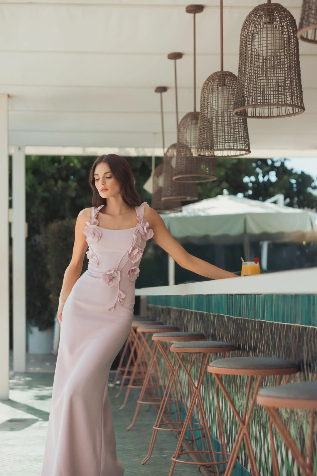 Pink Sleeveless Crepe Column Gown With Floral Detail - FOSTANI.com