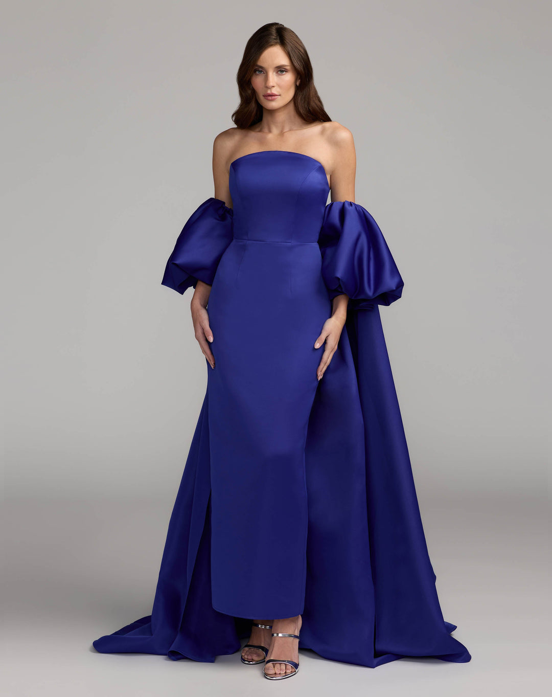 Mac Duggal 21239 Strapless Puff Sleeve Satin Gown With Cape