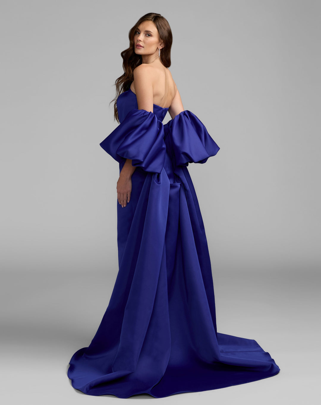 Mac Duggal 21239 Strapless Puff Sleeve Satin Gown With Cape