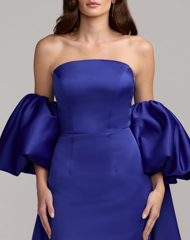 Mac Duggal 21239 Strapless Puff Sleeve Satin Gown With Cape