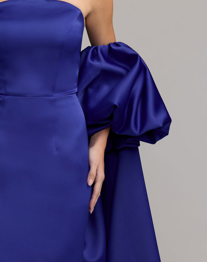 Mac Duggal 21239 Strapless Puff Sleeve Satin Gown With Cape