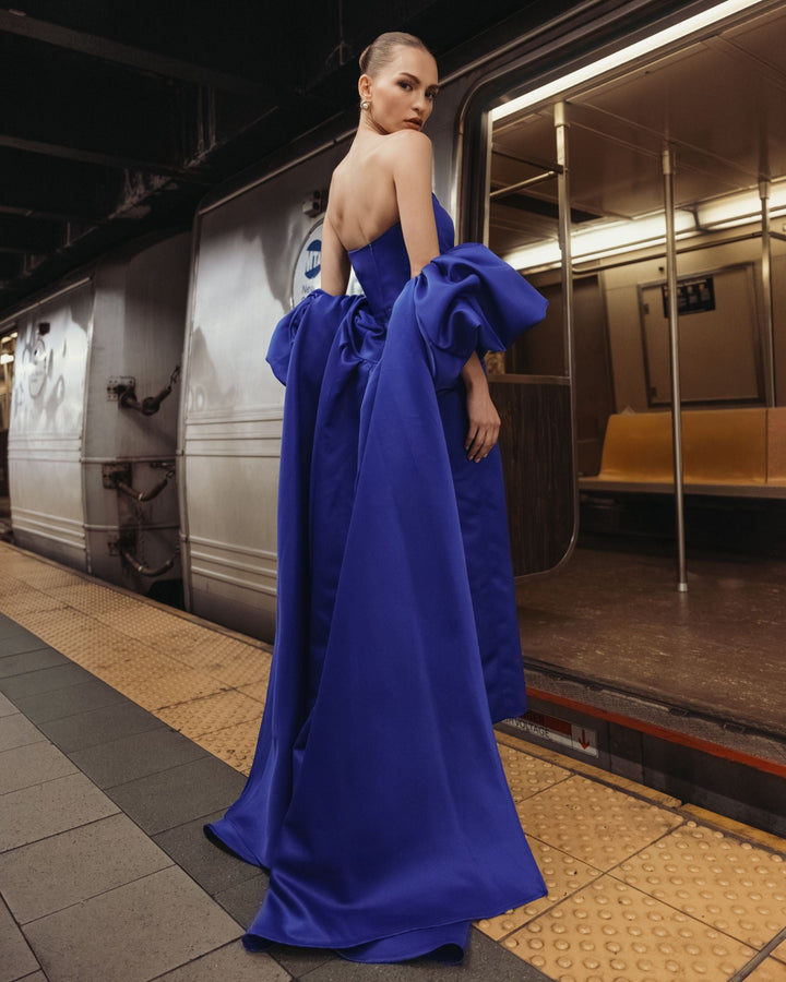 Mac Duggal 21239 Strapless Puff Sleeve Satin Gown With Cape
