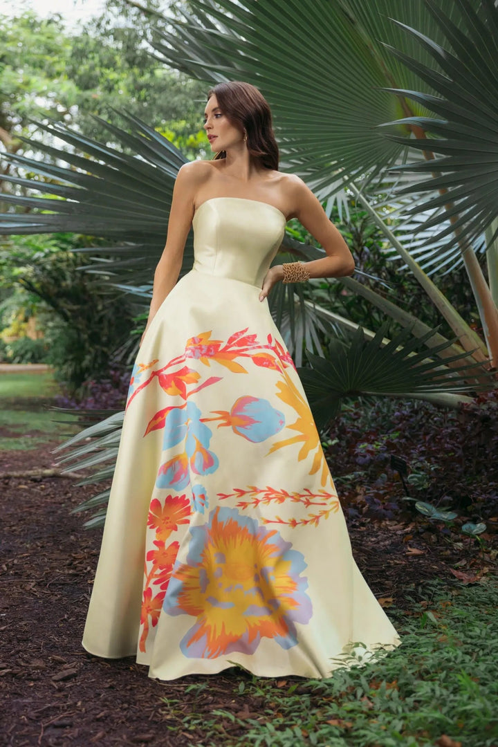 Yellow Strapless Mikado Ball Gown With Floral Print - FOSTANI.com