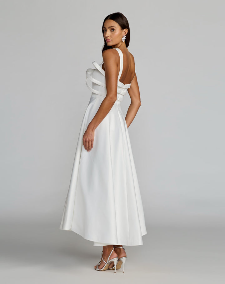 White Satin Sleeveless A Line Midi Dress With Bow - FOSTANI.com