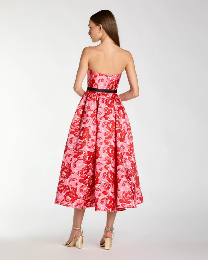 Red Strapless Brocade Midi Dress with Satin Bow - FOSTANI.com