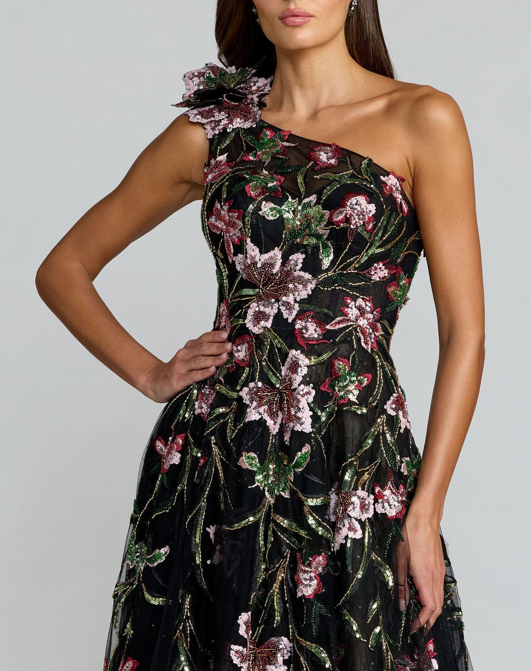 Mac Duggal 21302 Embroidered Floral One Shoulder A-Line Dress