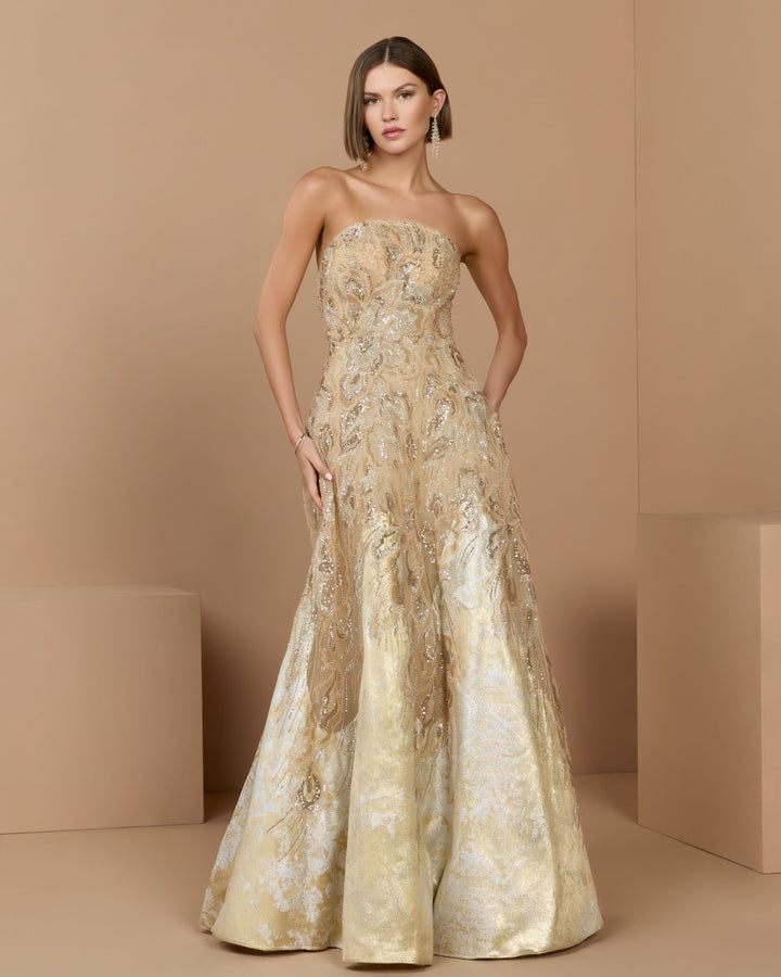 Mac Duggal 21305 Strapless Embellished Brocade A-Line Gown