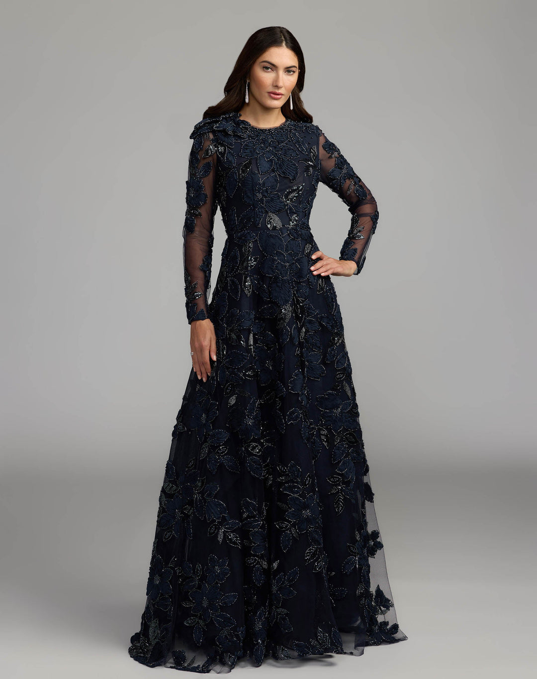 Mac Duggal 21309 Floral Embellished Long Sleeve Gown