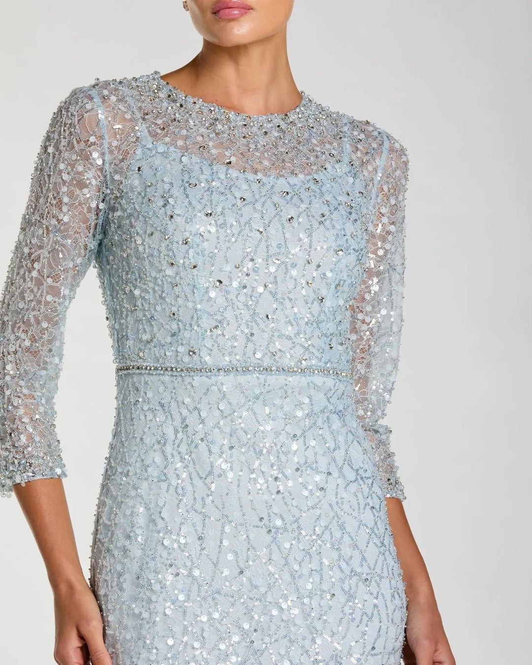Blue Beaded 3/4 Sleeve Trumpet Gown - FOSTANI.com