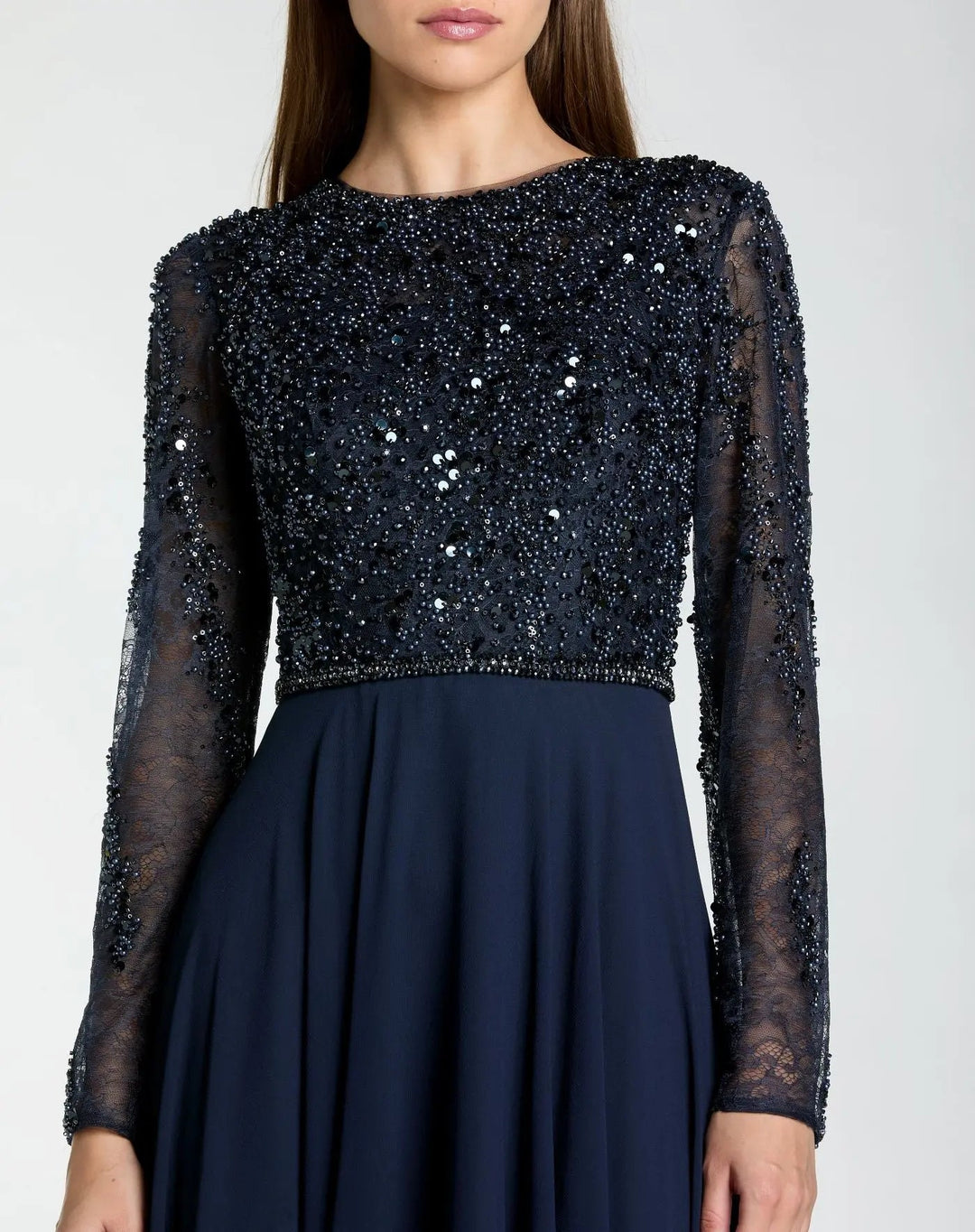 Mac Duggal 21316 Navy Embellished Lace Long Sleeve Gown With Chiffon Skirt