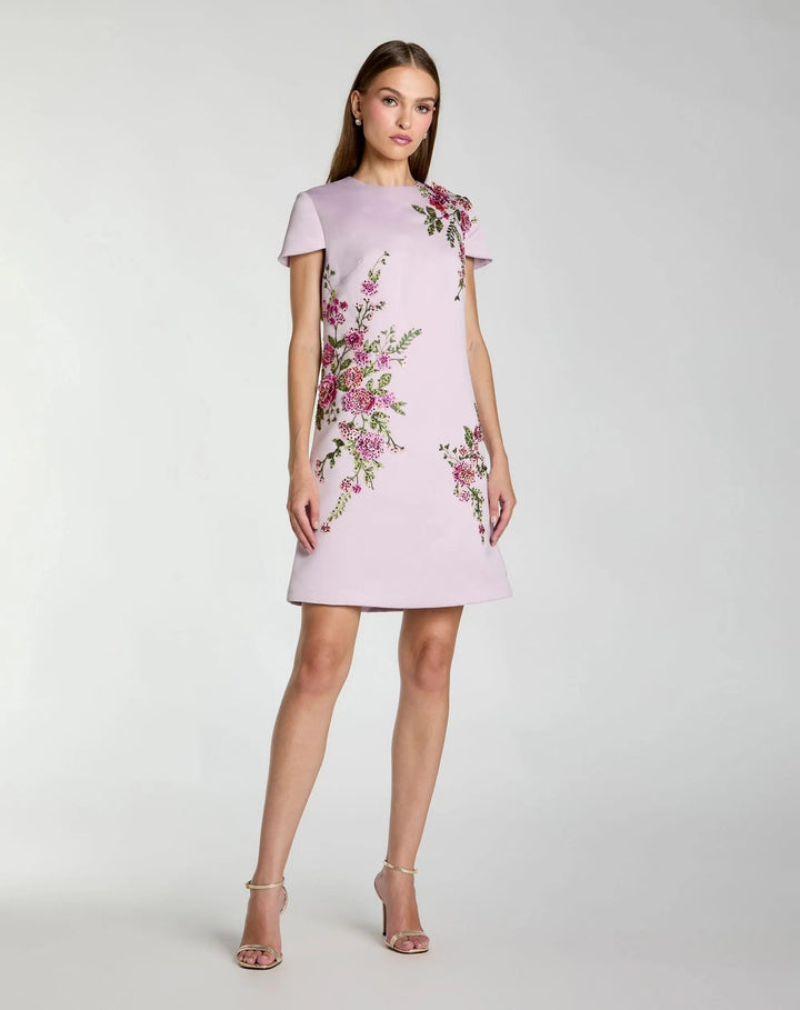 Purple Cap Sleeve Embroidered Satin Mini Dress - FOSTANI.com