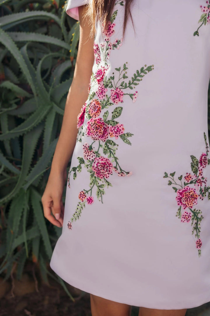 Purple Cap Sleeve Embroidered Satin Mini Dress - FOSTANI.com