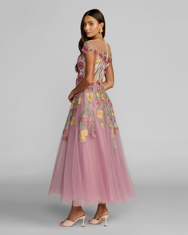 Mac Duggal 21357 Floral Embroidered Illusion Sweetheart Midi Dress