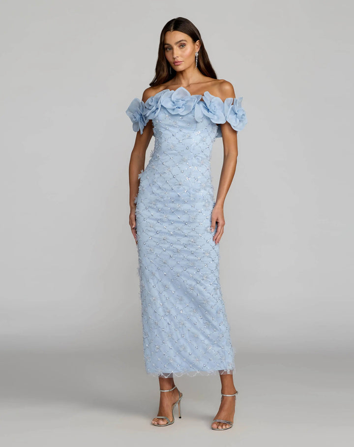 Blue Off The Shoulder Embellished Dress With 3D Flower Detail - FOSTANI.com