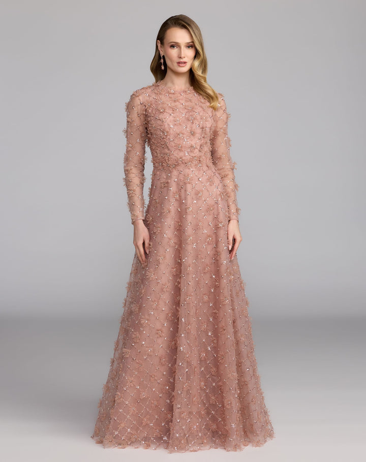 Mac Duggal 21364 High Neck Long Sleeve Embellished A-Line Gown