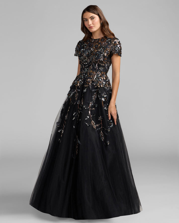 Mac Duggal 21390 Floral Embellished High Neck Tulle Ball Gown