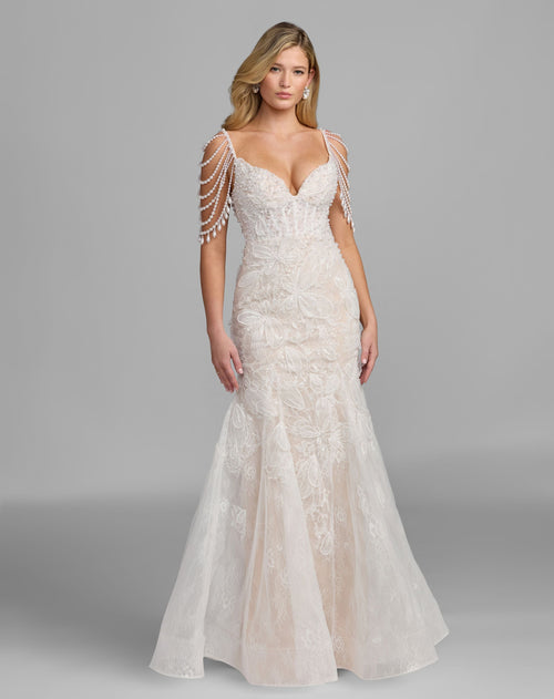Mac Duggal 21487 Floral Lace Mermaid Gown With Draped Beading
