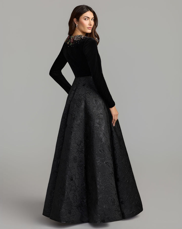 Mac Duggal 21525 Embellished Long Sleeve Brocade Ball Gown