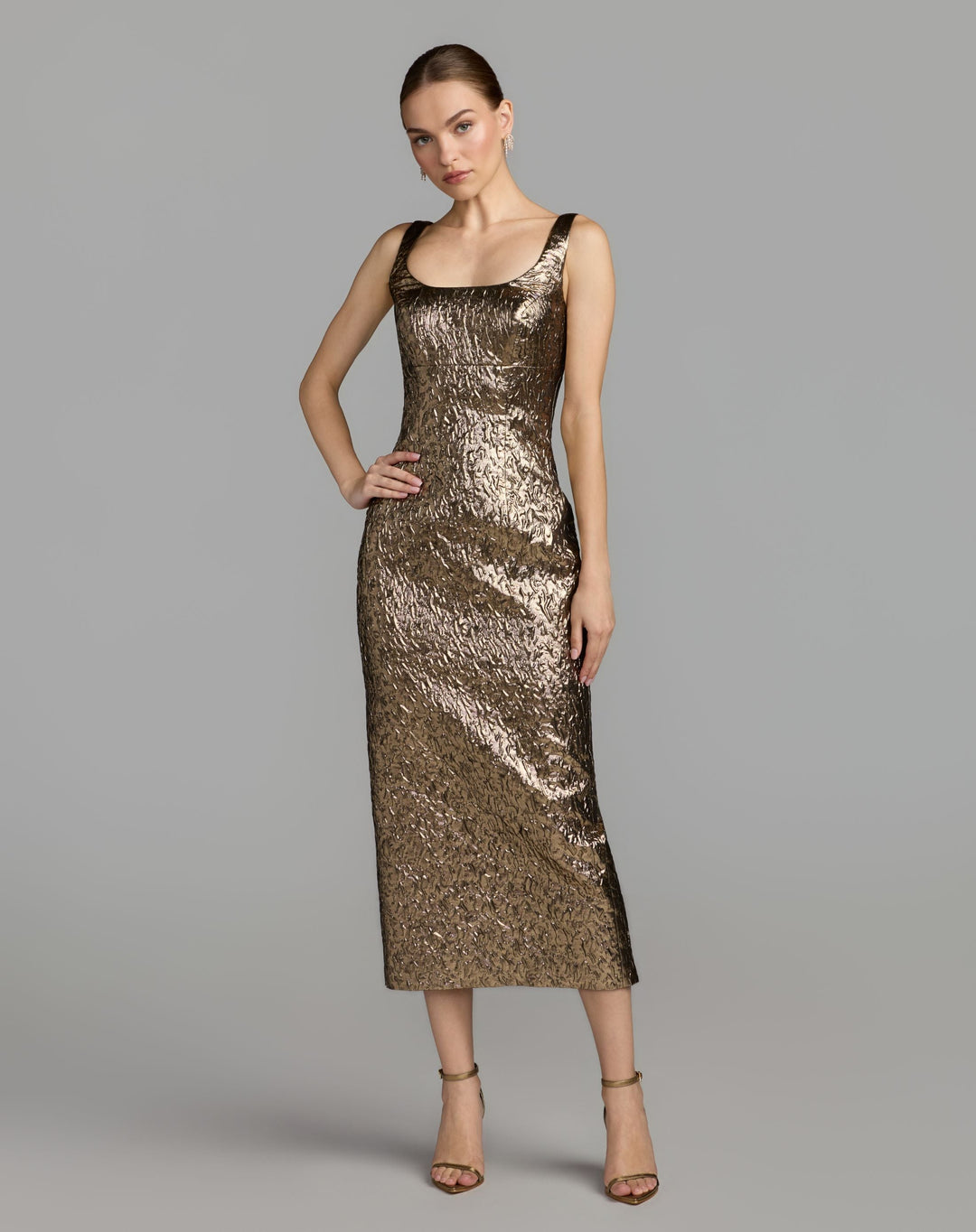 Mac Duggal 21553 Metallic Scoop Neck Brocade Midi Dress