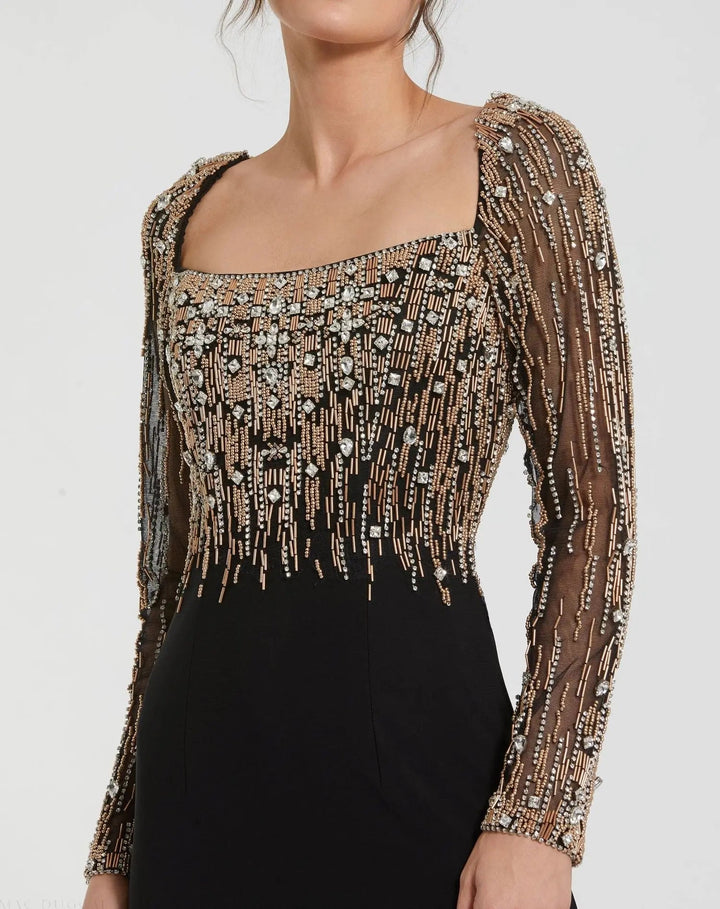 Mac Duggal 2256 Black Beaded Square Neck Long Sleeve Jersey Gown