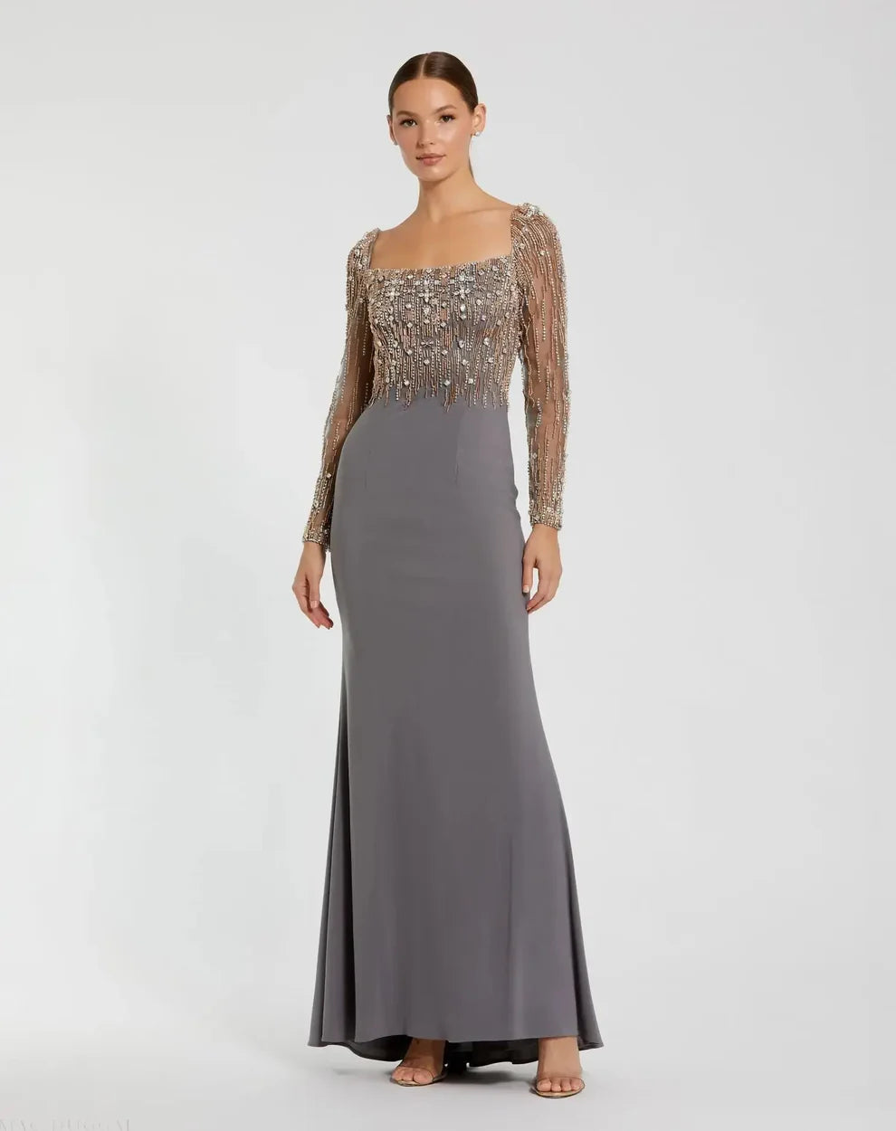 Mac Duggal 2256 Black Beaded Square Neck Long Sleeve Jersey Gown