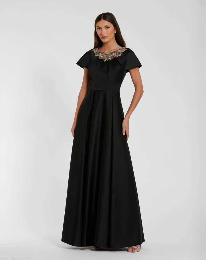 Mac Duggal 2272 Satin Flutter Sleeve Gown With Neckline Beading