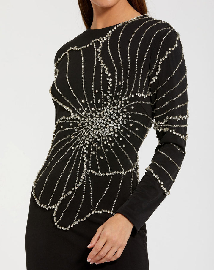 Mac Duggal 2282 Long Sleeve Jersey Gown With Beaded Flower