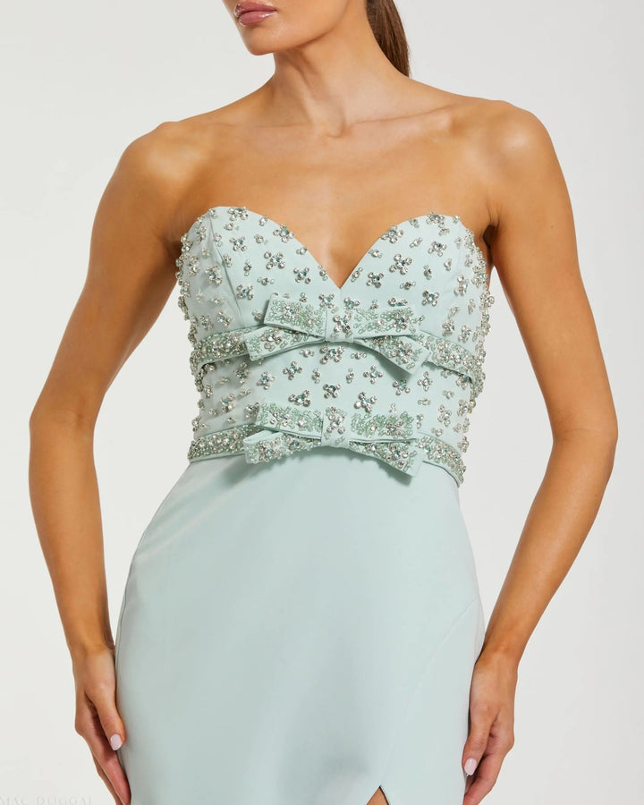 Mac Duggal 2285 Green Strapless Rhinestone Bodice Crepe Gown