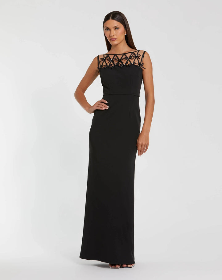 Black Sleeveless Crepe Gown With Embellished Bows - FOSTANI.com