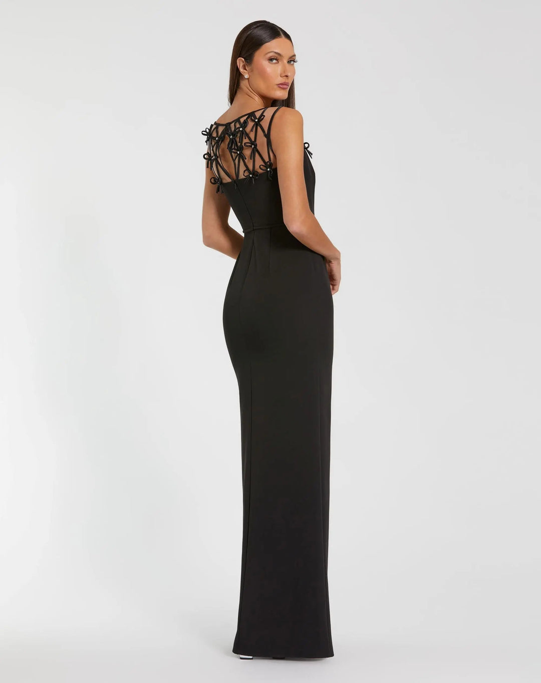 Black Sleeveless Crepe Gown With Embellished Bows - FOSTANI.com
