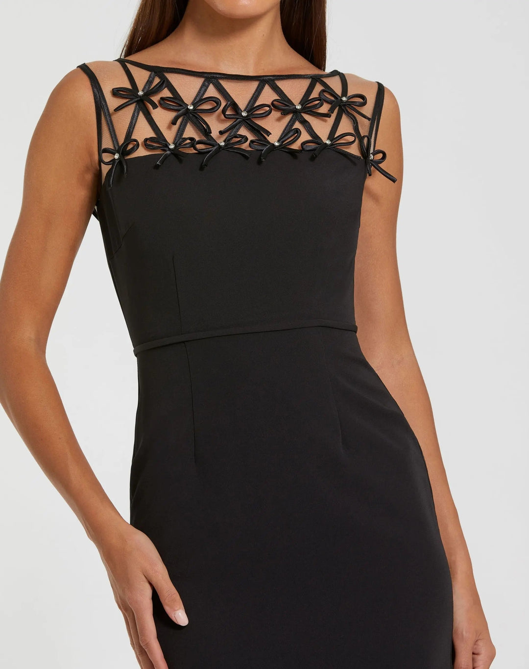 Black Sleeveless Crepe Gown With Embellished Bows - FOSTANI.com