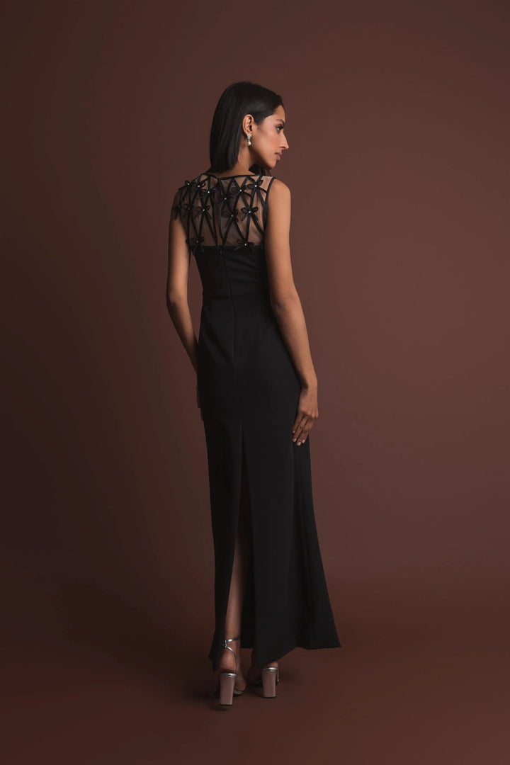 Black Sleeveless Crepe Gown With Embellished Bows - FOSTANI.com