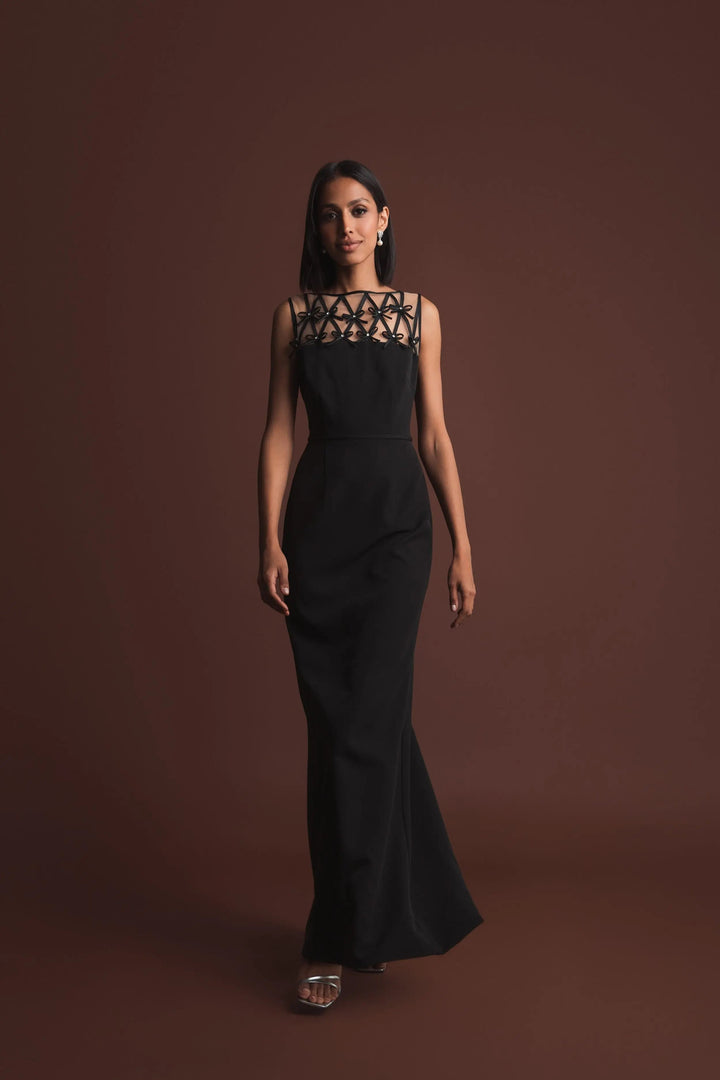 Black Sleeveless Crepe Gown With Embellished Bows - FOSTANI.com