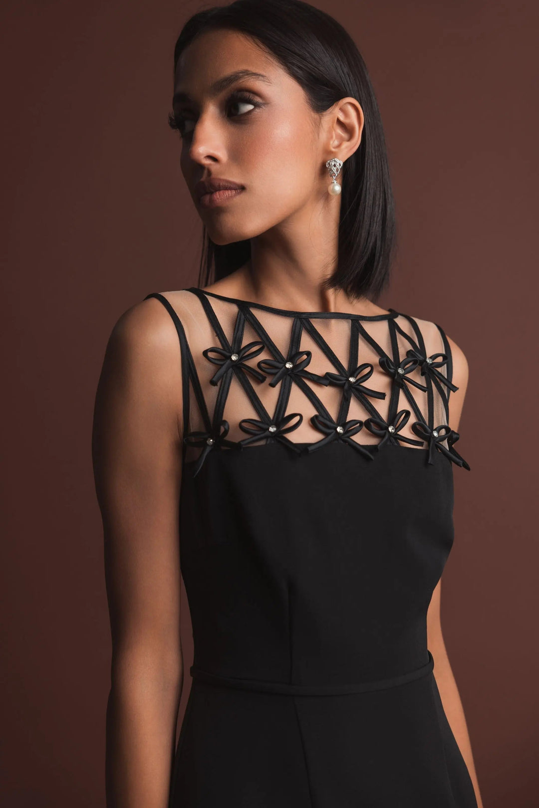 Black Sleeveless Crepe Gown With Embellished Bows - FOSTANI.com