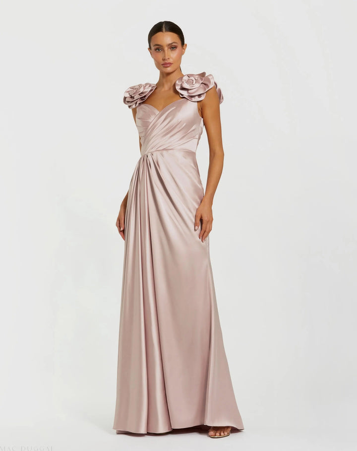 Mac Duggal 2299 Faux Wrap Satin Gown With 3D Flower Straps