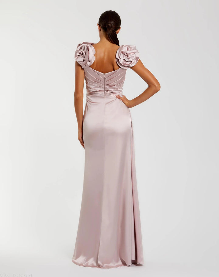 Mac Duggal 2299 Faux Wrap Satin Gown With 3D Flower Straps