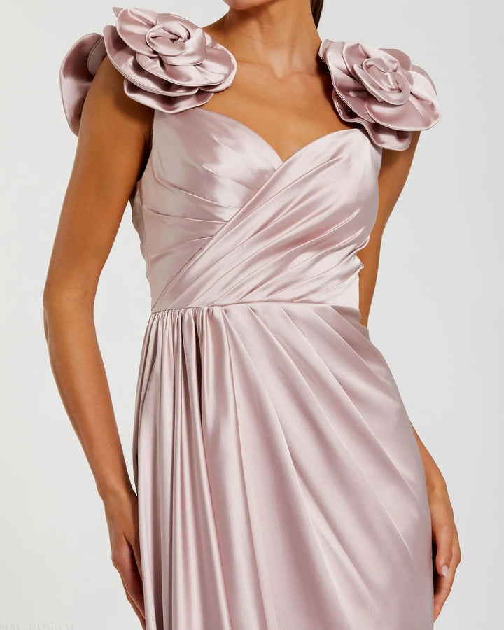 Mac Duggal 2299 Faux Wrap Satin Gown With 3D Flower Straps