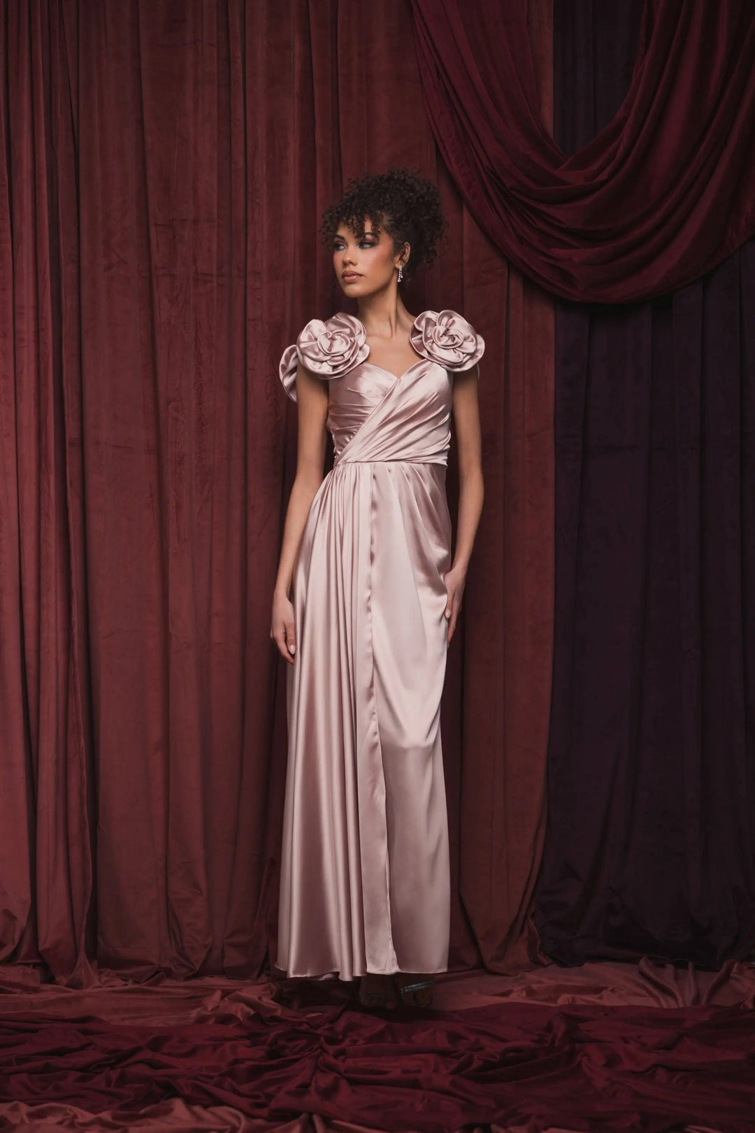 Mac Duggal 2299 Faux Wrap Satin Gown With 3D Flower Straps