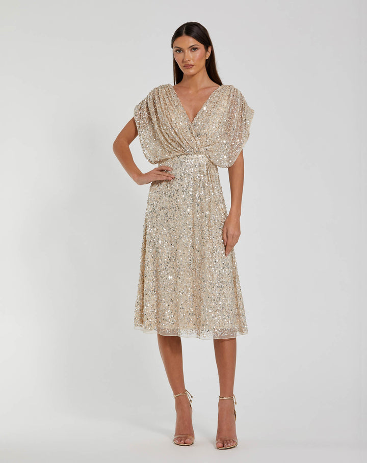 Mac Duggal 23027 Sequin Draped Sleeve V-Neck Midi Dress