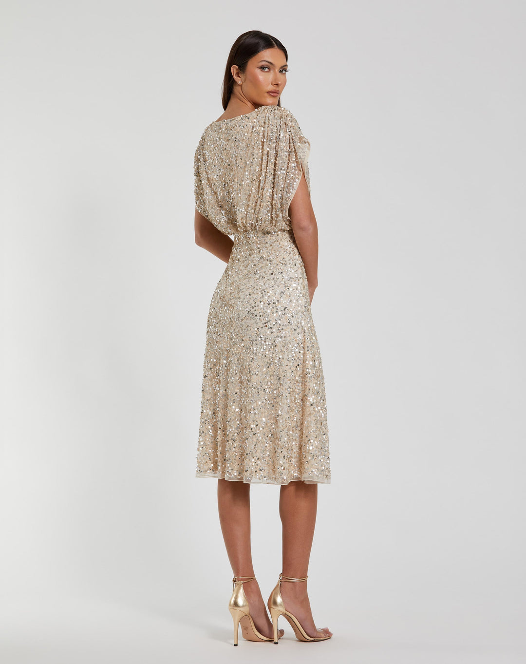 Mac Duggal 23027 Sequin Draped Sleeve V-Neck Midi Dress