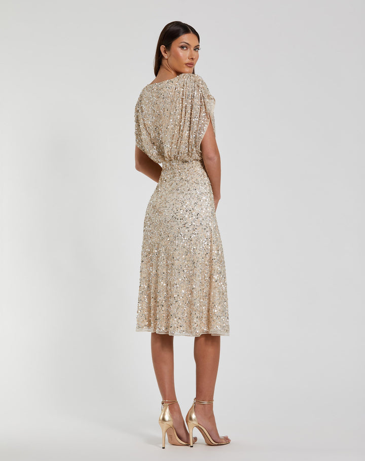 Mac Duggal 23027 Sequin Draped Sleeve V-Neck Midi Dress