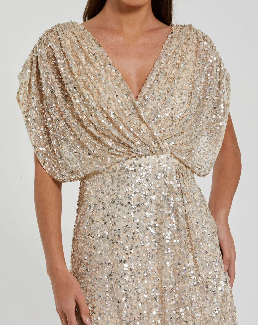 Mac Duggal 23027 Sequin Draped Sleeve V-Neck Midi Dress