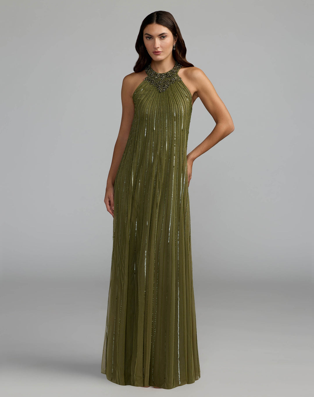 Mac Duggal 23043 Sleeveless Halter Neck Embellished Trapeze Dress