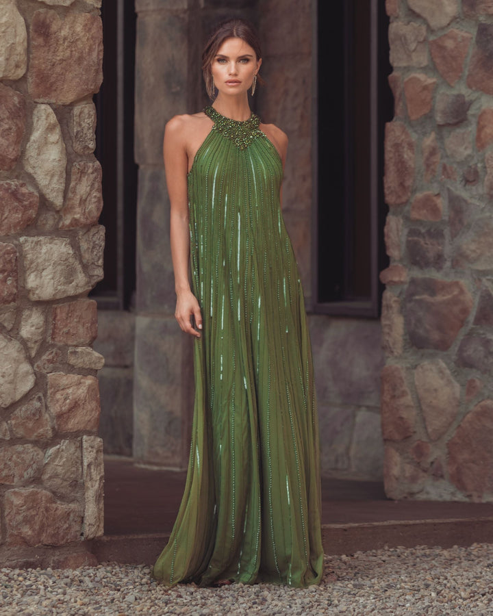 Mac Duggal 23043 Sleeveless Halter Neck Embellished Trapeze Dress