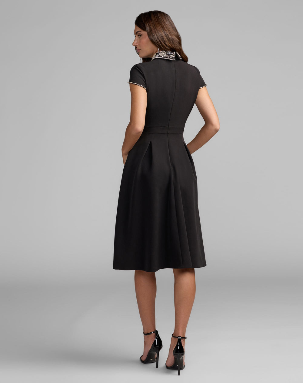 Mac Duggal 2313 Crepe Short Sleeve Midi Dress With Beading